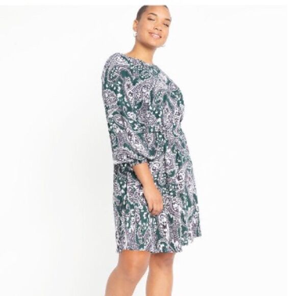 Eloquii Easy Paisley Boat Neck Knee Length Rayon Bohemian Floral Dress with Tie - Picture 3 of 12